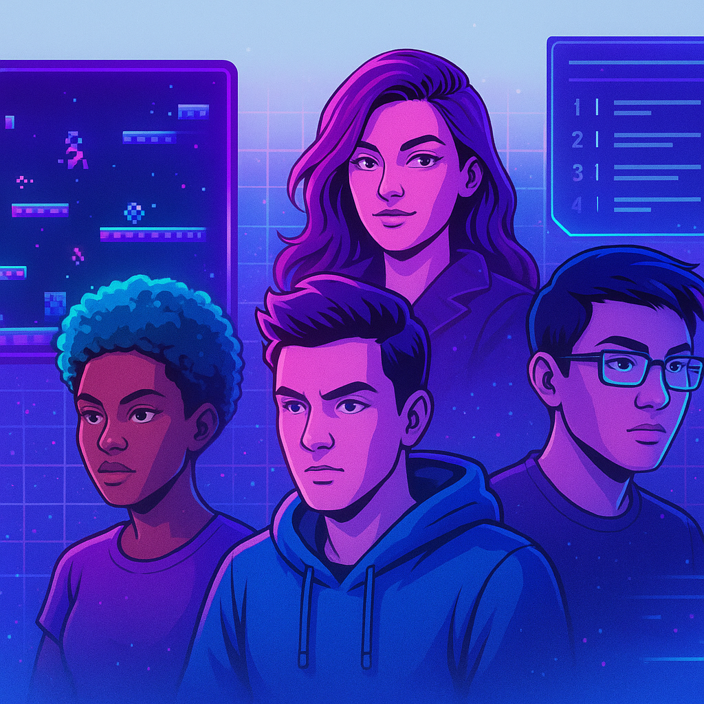 NebulaArcade hero collage: neon avatars and match snapshots